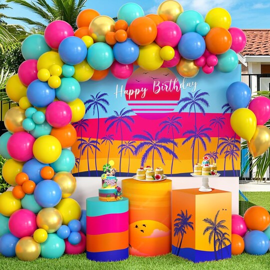 Hawaiian Tropical Party Decorations Summer Birthday Decor Supplies with Beach Island Palm Backdrop, Balloons Garland Arch Kit, Luau Tiki Tropical Happy Birthday Party Decorations (Dark)